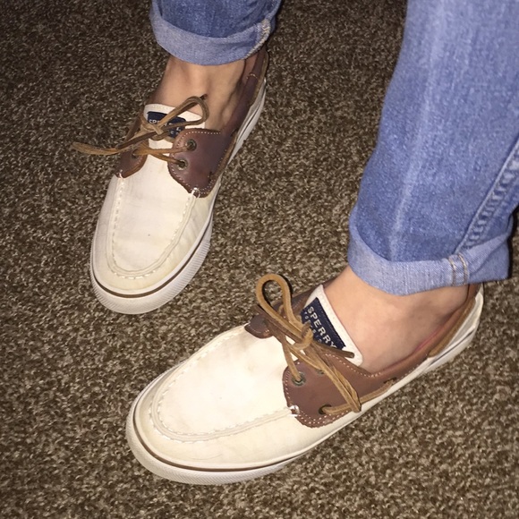 Ivory and Brown Leather Sperry Bahama Boat Shoes - Picture 1 of 5